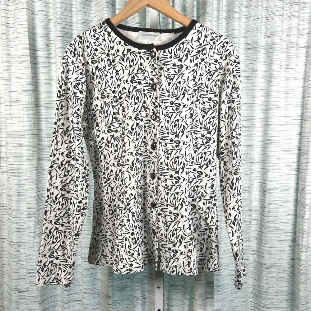 Liz Claiborne Cardigan White Black Womens Small Floral Button Front EUC